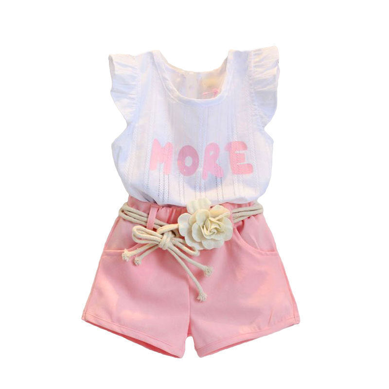 Girls' cotton blend flutter sleeve jacquard short-sleeve top + shorts two-piece set with floral belted princess pants - direct from the manufacturer
