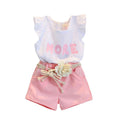 Girls' cotton blend flutter sleeve jacquard short-sleeve top + shorts two-piece set with floral belted princess pants - direct from the manufacturer