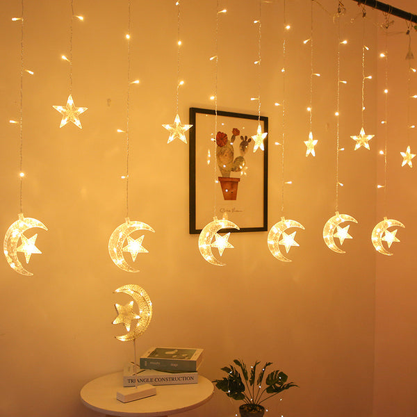 Cross-border wholesale pearlescent star and moon decorative lights, moon companion star lights led plug-in lights, curtain lights, Christmas holiday lights