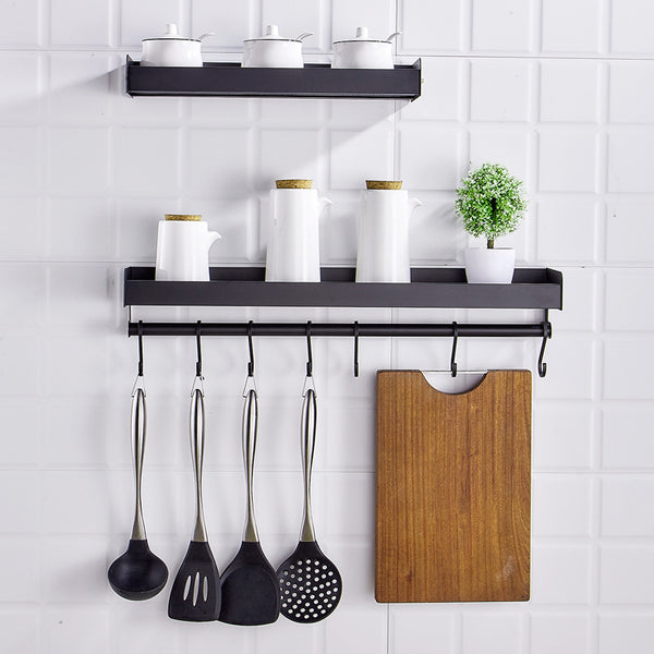 No punching kitchen rack Wall-mounted creative kitchen utensils Multifunctional black condiment storage seasoning rack