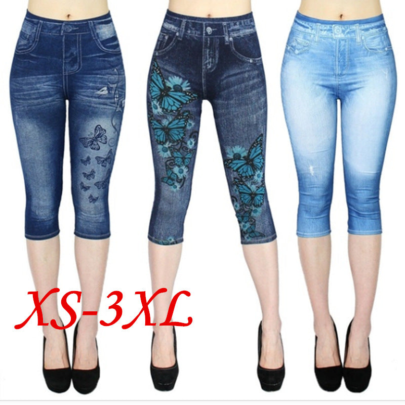 Wish  best selling imitation denim bottom pants women's cross-border women's clothing hot selling printing all-in-one pants