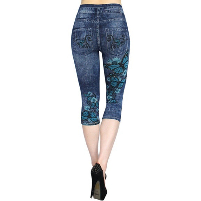 Wish  best selling imitation denim bottom pants women's cross-border women's clothing hot selling printing all-in-one pants