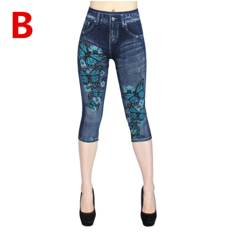 Wish  best selling imitation denim bottom pants women's cross-border women's clothing hot selling printing all-in-one pants