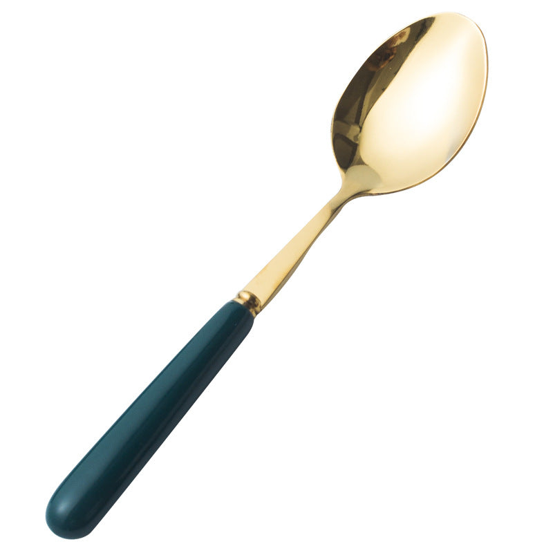 Nordic creative ceramic fruit fork coffee spoon stainless steel cutlery mooncake knife fork dark green steak knife fork spoon