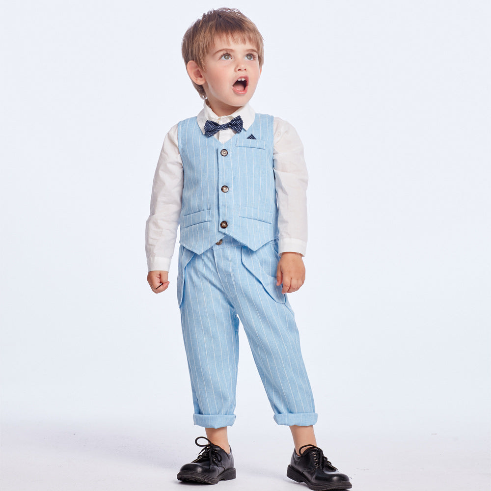 Korean style new boys' spring/autumn outfit: striped long-sleeve shirt, gentleman's vest, and three-piece children's suit set