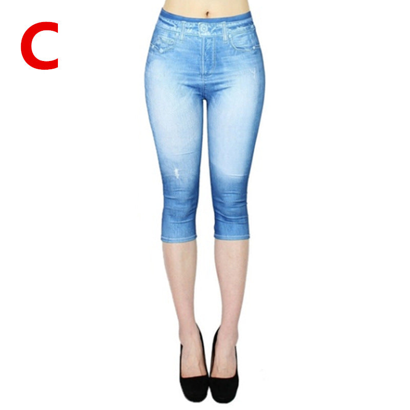 Wish  best selling imitation denim bottom pants women's cross-border women's clothing hot selling printing all-in-one pants