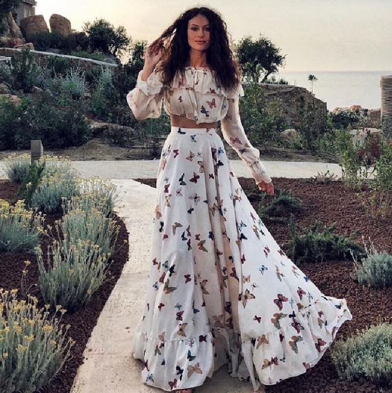 summer new european and american butterfly print dress two-piece set, bohemian maxi beach dress