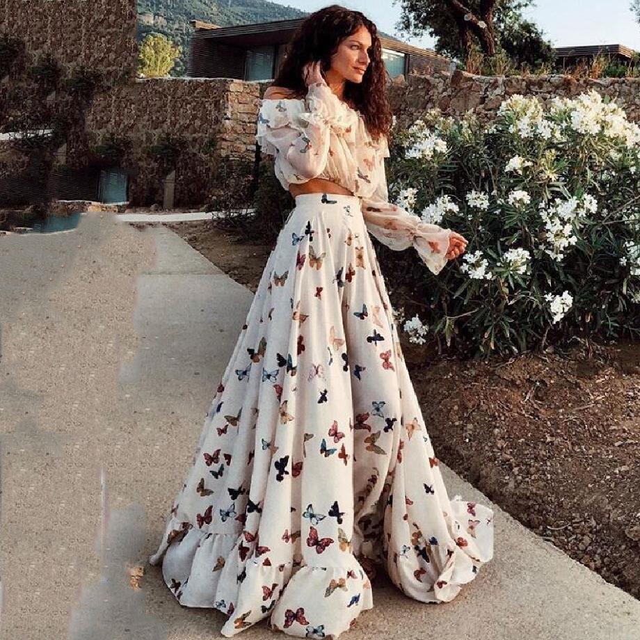 summer new european and american butterfly print dress two-piece set, bohemian maxi beach dress