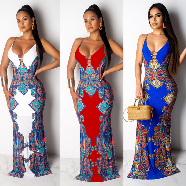 Z048   Source Ethnic Characteristics Printed Slim Fit Suspender Mopping Long Dress