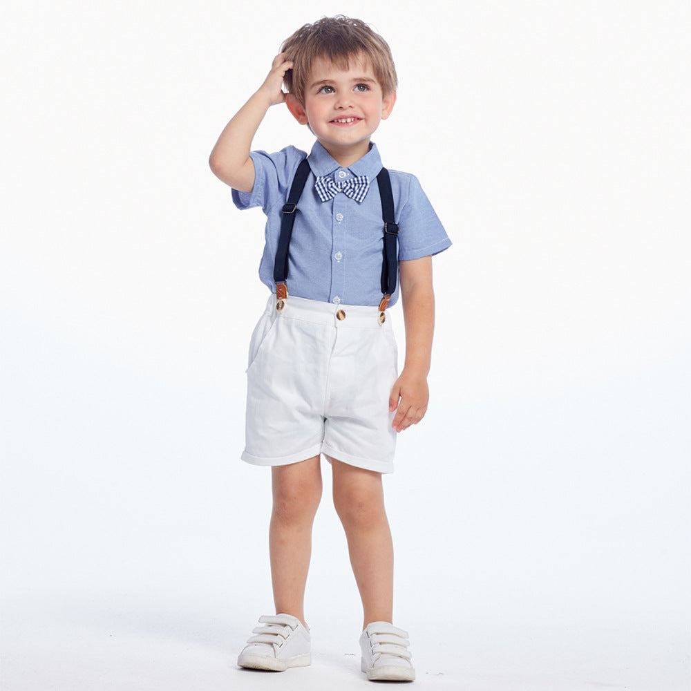 Korean style boys' short-sleeve shirt & overalls set with bow tie - gentleman's outfit for baby's first birthday
