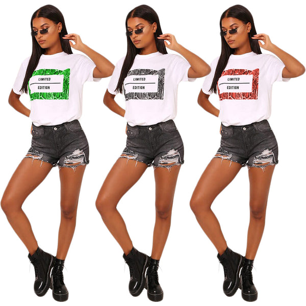 S3624 Cross-border hot sale, personalized fashion, European and American women's clothing, big chest, letter animal pattern printed T-shirt, top summer