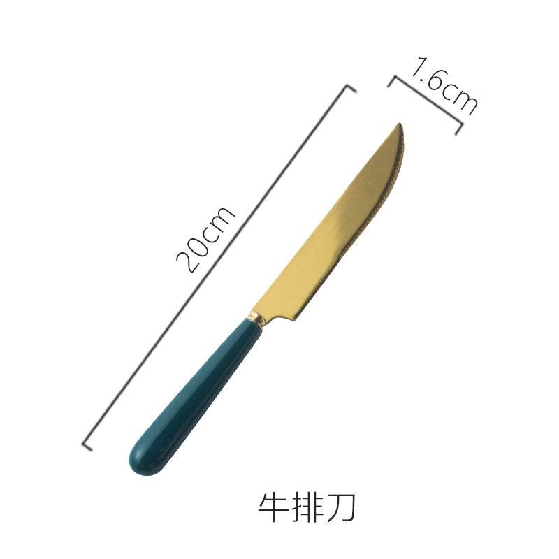 Nordic creative ceramic fruit fork coffee spoon stainless steel cutlery mooncake knife fork dark green steak knife fork spoon