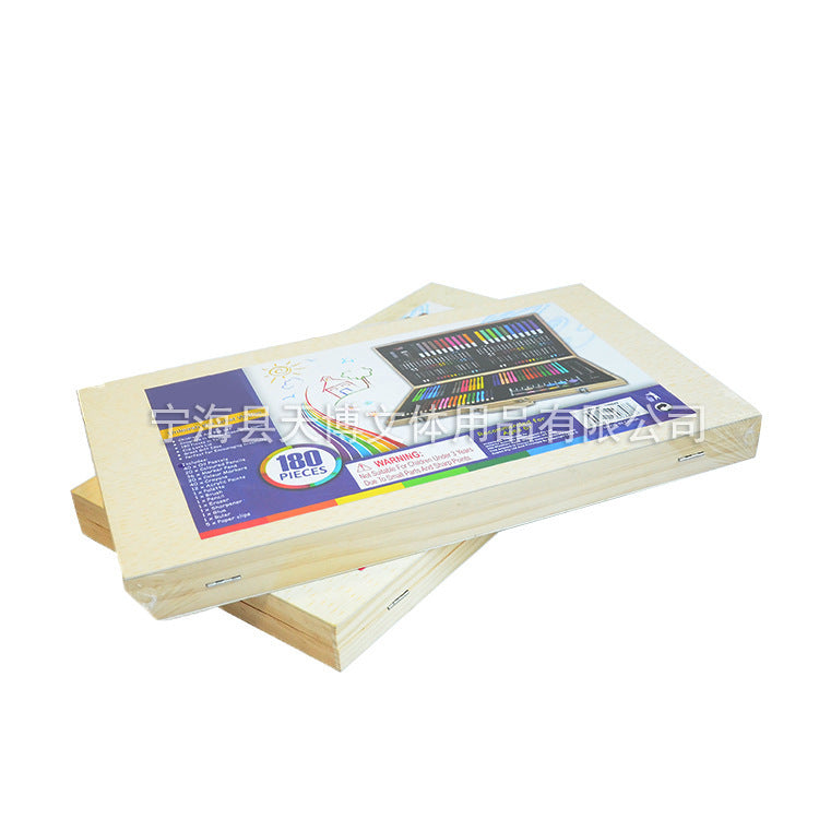 3 in 1 painting watercolor pen set, children's art graffiti stationery set 180 pieces wooden box painting set gift box