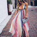 cross-border  chiffon digital print rainbow gradient iridescent maxi dress - fitted waist summer gown