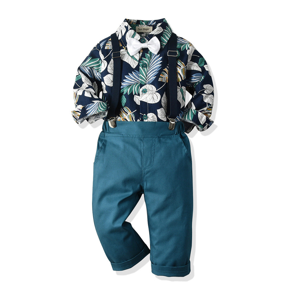 Wholesale foreign trade children's clothing: hong kong style boys' shirt floral top and dark trousers set - new spring collection for cross-border e-commerce