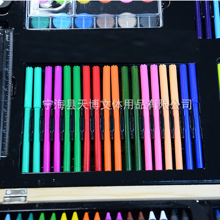 3 in 1 painting watercolor pen set, children's art graffiti stationery set 180 pieces wooden box painting set gift box