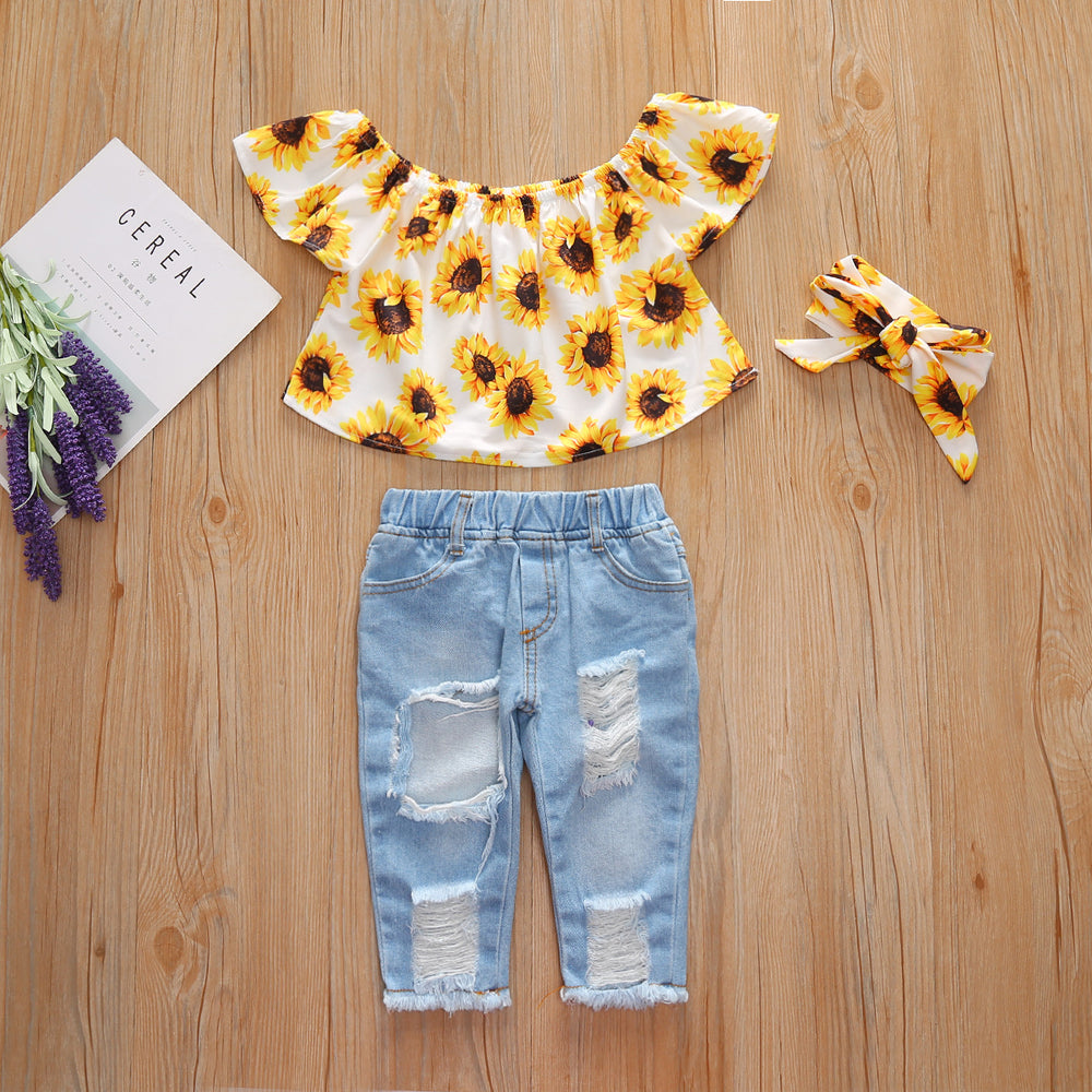 Amazon bestseller: girls' flutter sleeve woven sunflower print brushed denim distressed jeans, headscarf three-piece set - european & american style