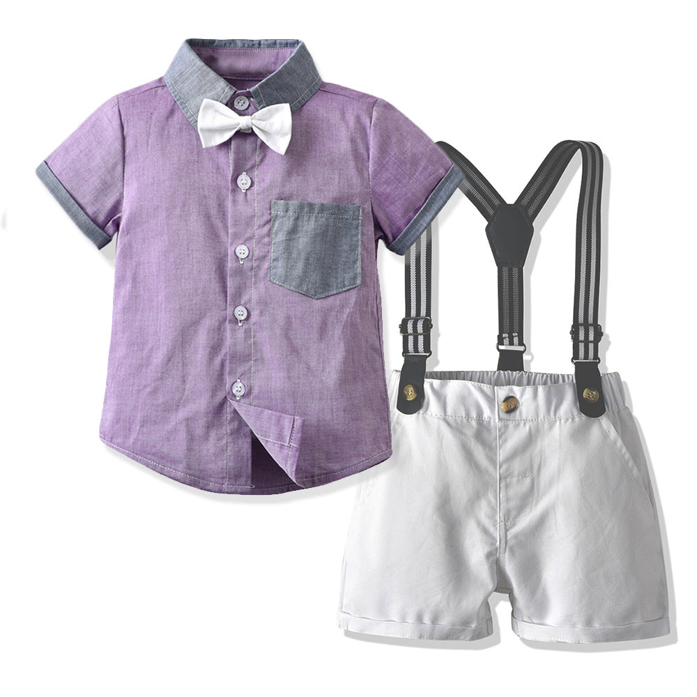 European and american summer cross-border children's clothing: boys' color block short-sleeve overalls, kids' outfit, birthday dress