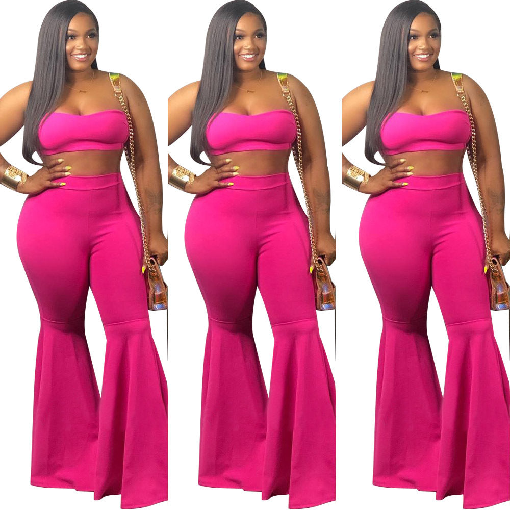 Spot! A7053 off-the-shoulder open-button strap, zipper lotus leaf micro-pull pants two-piece set