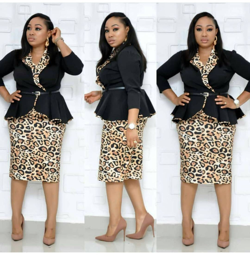cross-border women's fashion:  hot-selling african style - collared ruffle top + leopard print slim-fit midi skirt