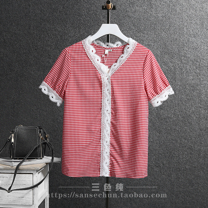 2025 amazon summer plaid chiffon base layer top - short sleeve lace v-neck blouse - chic & stylish for work and play