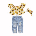 Amazon bestseller: girls' flutter sleeve woven sunflower print brushed denim distressed jeans, headscarf three-piece set - european & american style