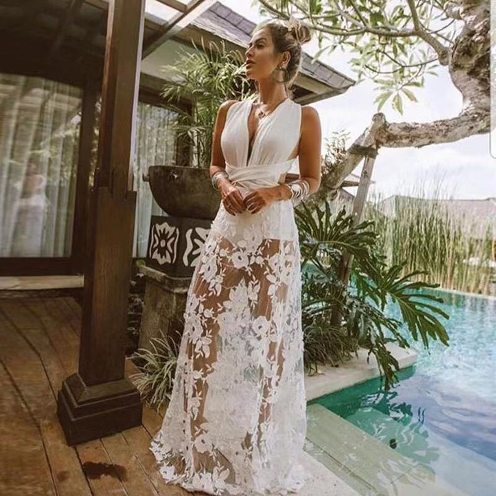 summer new european and american style fashionable sexy dress - deep v lace hollow-out beach dress/gown