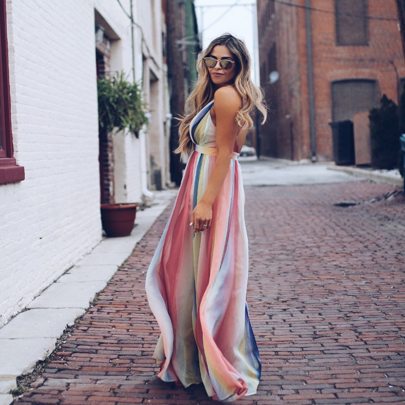 cross-border  chiffon digital print rainbow gradient iridescent maxi dress - fitted waist summer gown