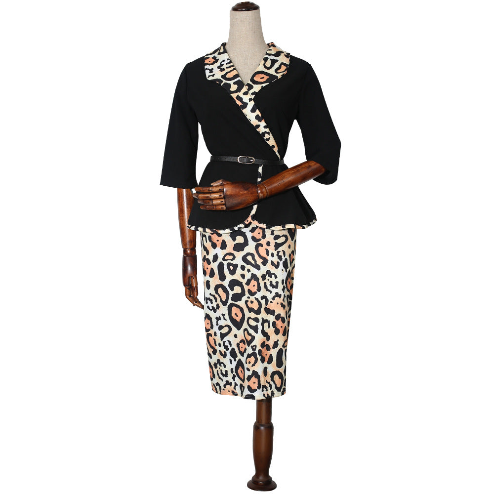 cross-border women's fashion:  hot-selling african style - collared ruffle top + leopard print slim-fit midi skirt