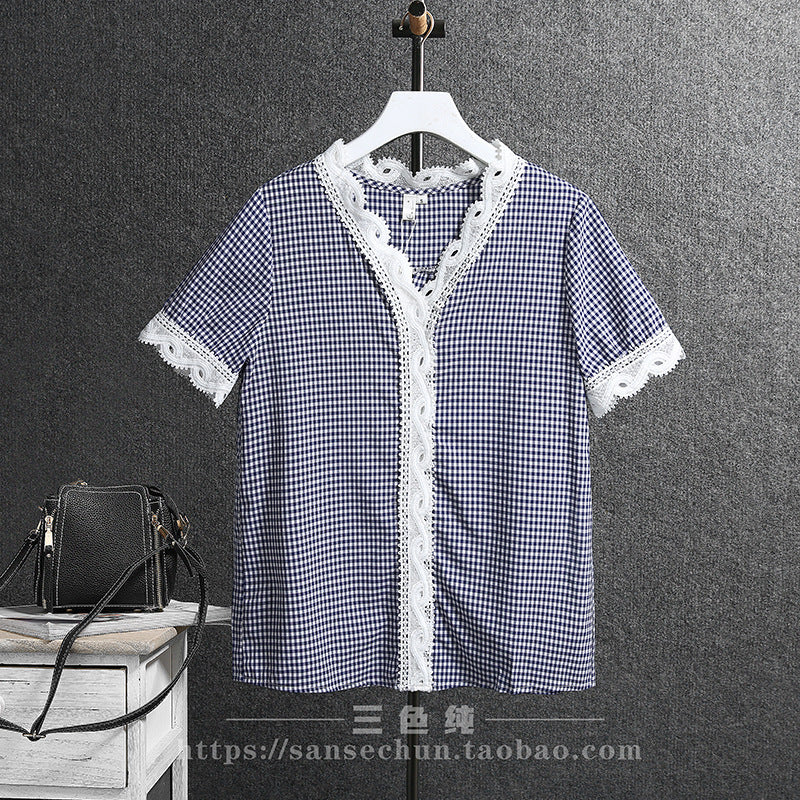 2025 amazon summer plaid chiffon base layer top - short sleeve lace v-neck blouse - chic & stylish for work and play
