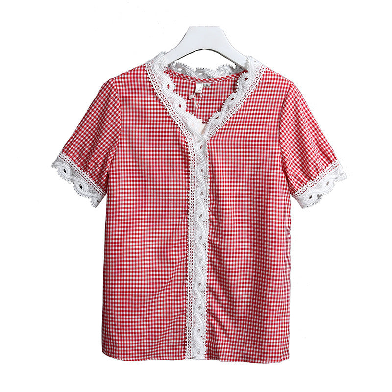 2025 amazon summer plaid chiffon base layer top - short sleeve lace v-neck blouse - chic & stylish for work and play