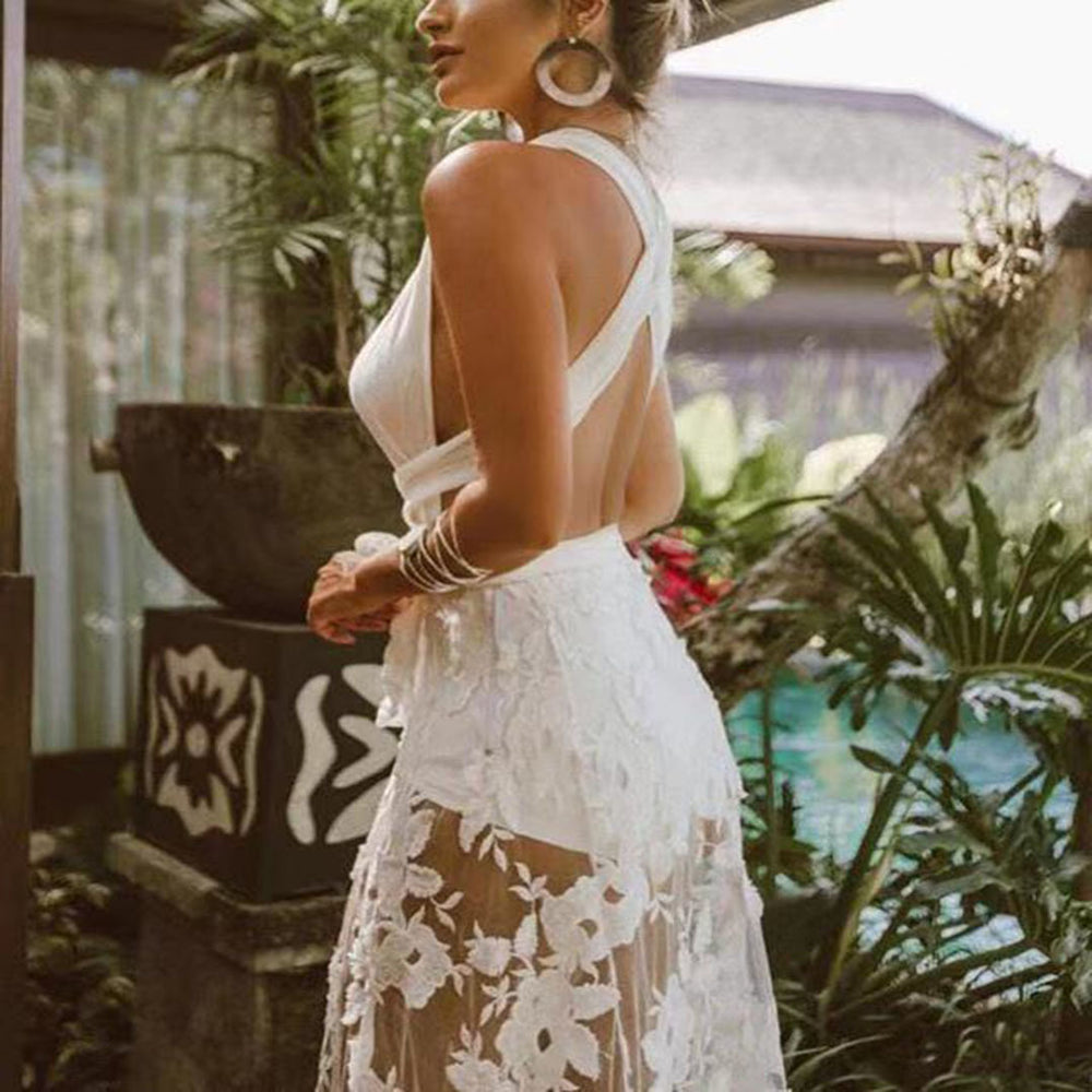 summer new european and american style fashionable sexy dress - deep v lace hollow-out beach dress/gown