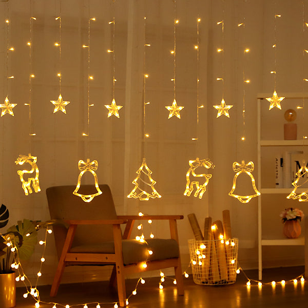 LED lights string colorful five-pointed stars, pine trees, small bells, curtain lights, festive Christmas romantic room decorative lights