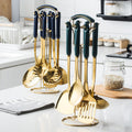 Dark green ceramic stainless steel kitchen utensil set - 7-piece cooking spoon and spatula set - wholesale kitchen gift set
