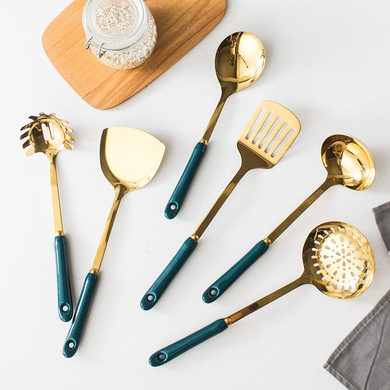 Dark green ceramic stainless steel kitchen utensil set - 7-piece cooking spoon and spatula set - wholesale kitchen gift set