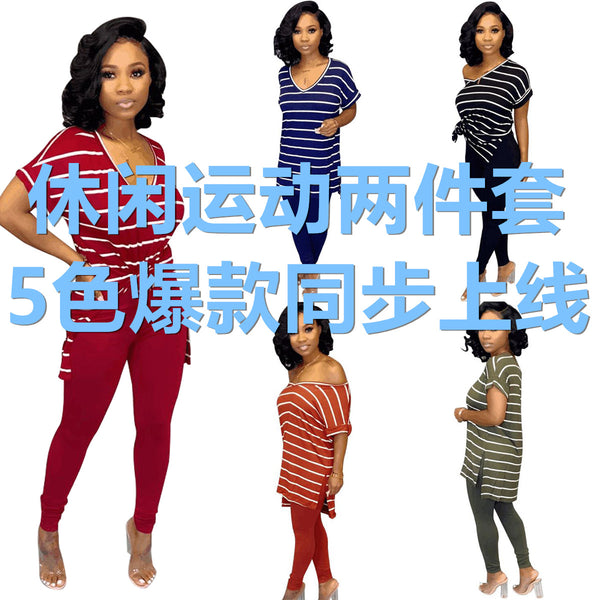 Z053 European and American sexy women's clothing   supply horizontal strip printing casual sports two-piece set