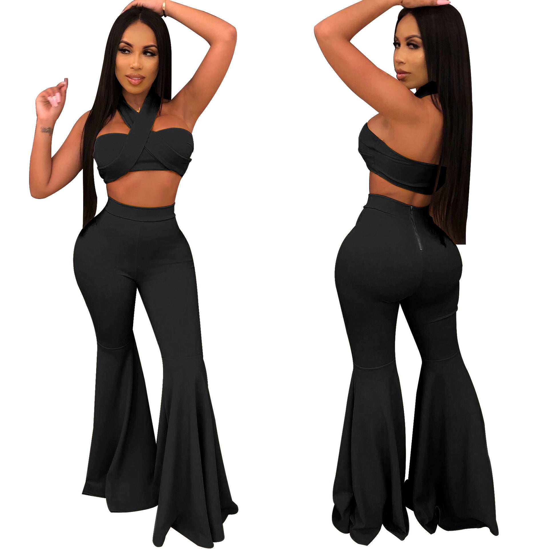Spot! A7053 off-the-shoulder open-button strap, zipper lotus leaf micro-pull pants two-piece set