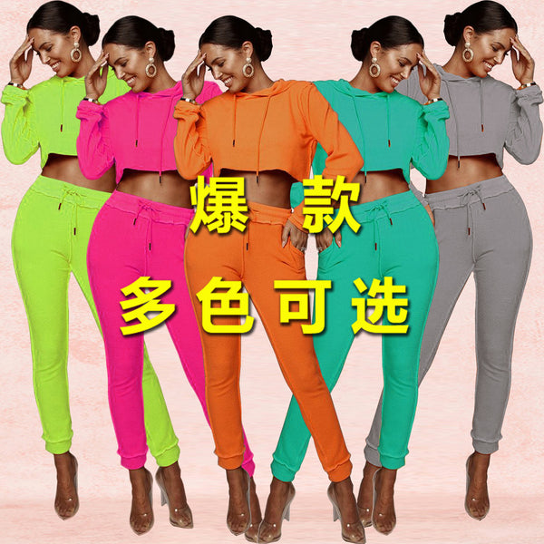 Wish  eBay European and American women's clothing autumn fashion solid color casual sports sweater women's two-piece set H3276