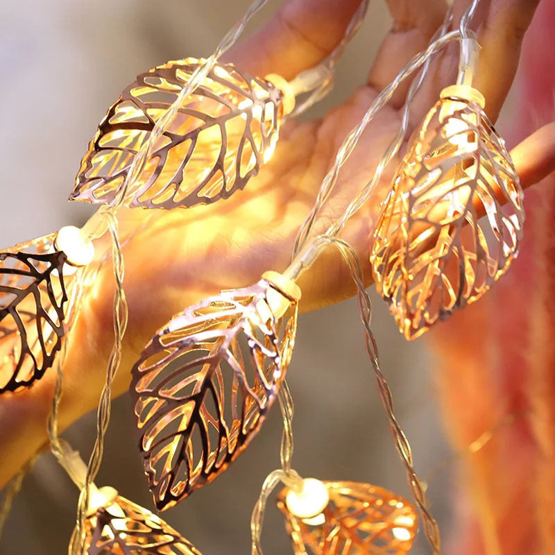 Cross-border new products led wrought iron gold leaf light string 3D hollow leaf string light Christmas decorative lights flash string romantic