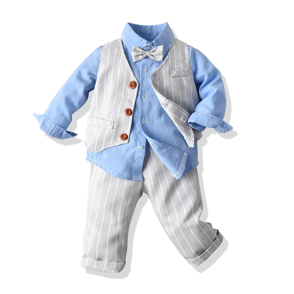 New korean style boys' spring/autumn vest, shirt, and pants three-piece set - perfect for birthdays, first birthdays, and performance outfits