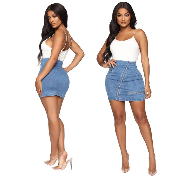 Cross-border, new elastic, European and American sexy zipper retro hip-wrapped high-waisted denim skirt