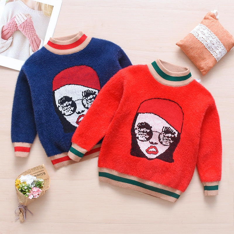 kids' winter new korean style long-sleeve girls' sweater - round neck pullover mink cashmere cartoon knitwear
