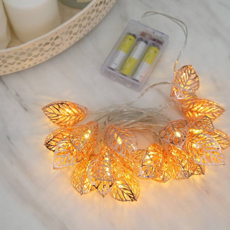 Cross-border new products led wrought iron gold leaf light string 3D hollow leaf string light Christmas decorative lights flash string romantic