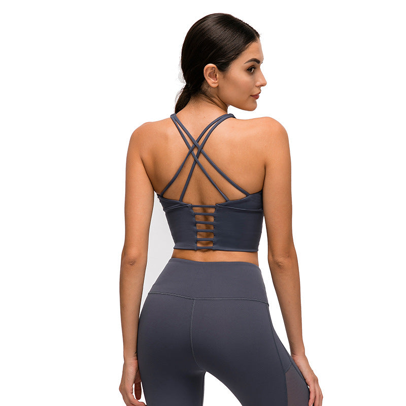 New arrival thin shoulder strap cross back sports intimates women's new arrivalsexybackless fitness yoga bra d19095