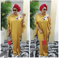 Clearance artificial silk satin solid color batwing sleeve dress with bow cuffs and 3d floral appliqué detail - maxi length