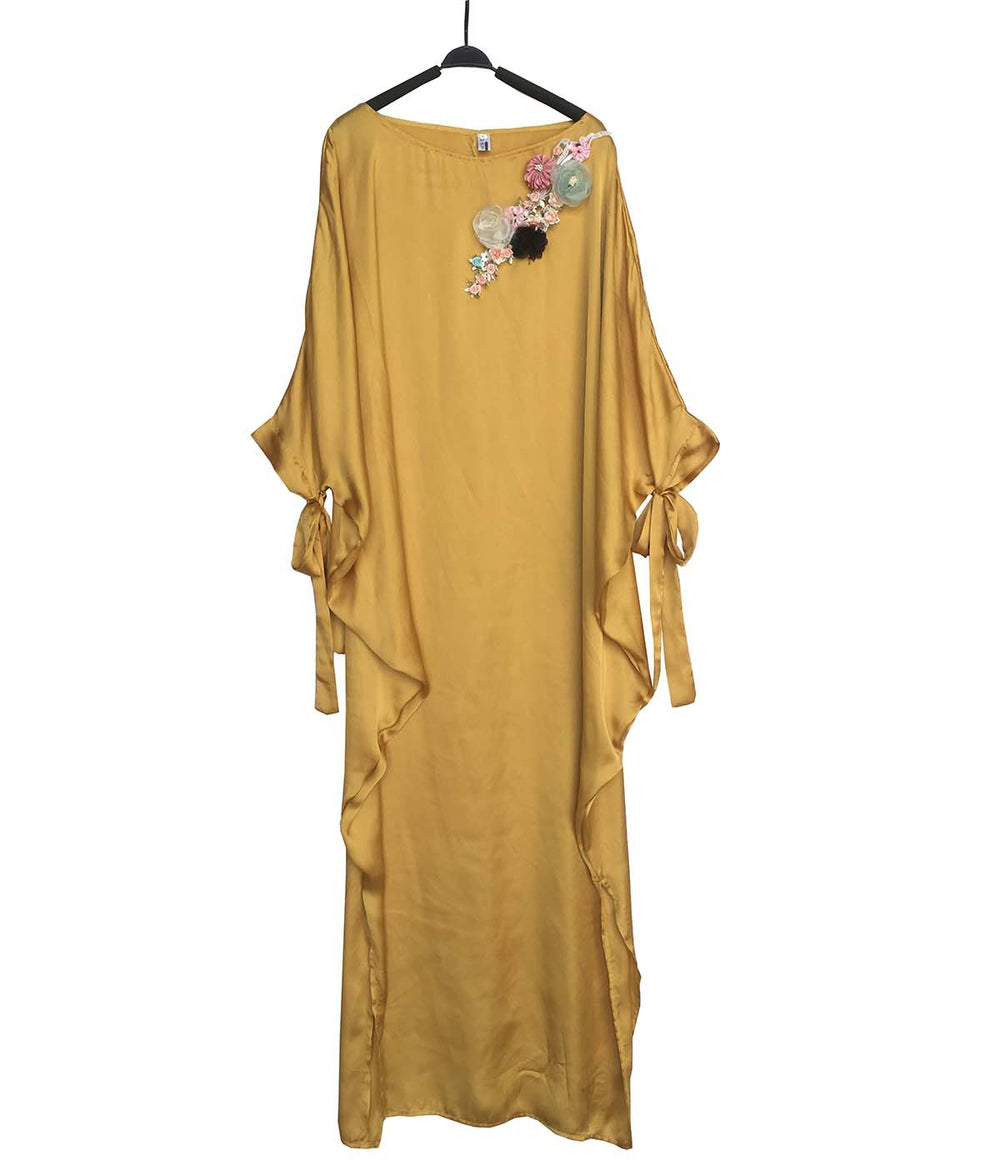 Clearance artificial silk satin solid color batwing sleeve dress with bow cuffs and 3d floral appliqué detail - maxi length