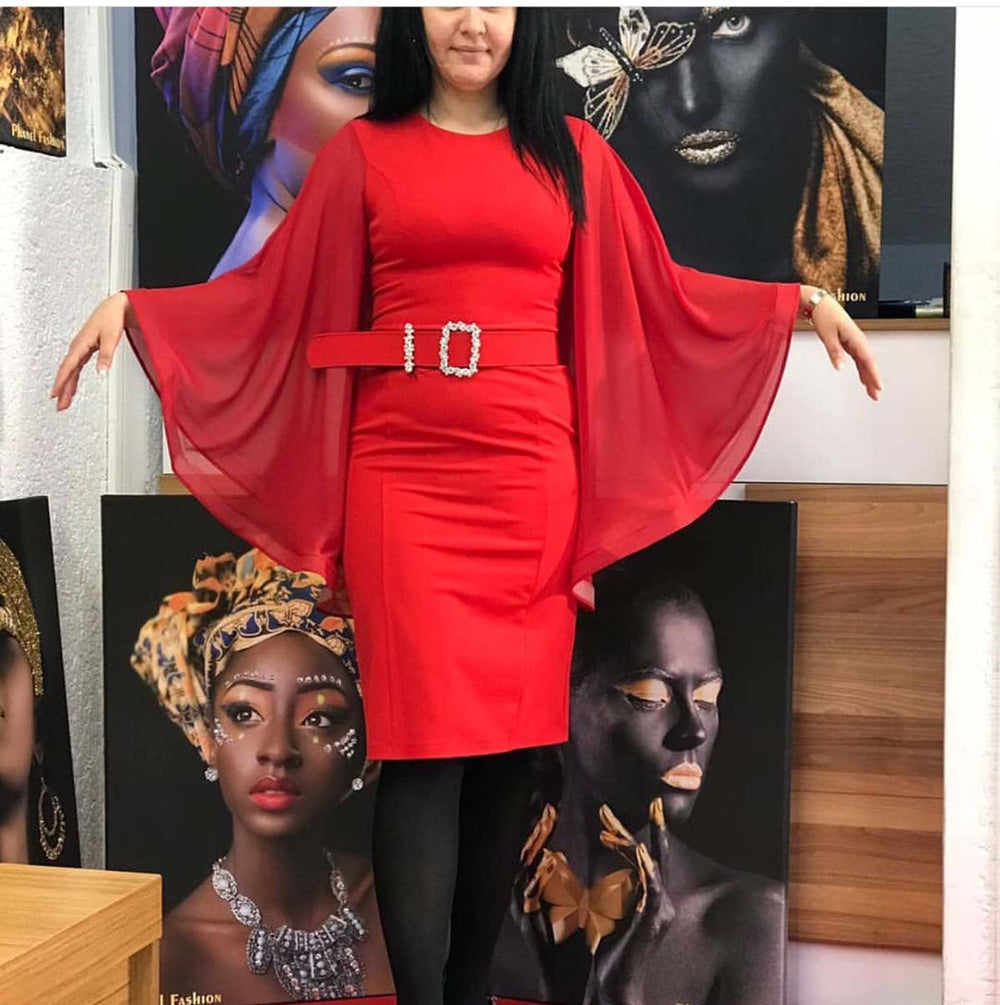 Fashion royal sister style silm tight hip-covering exaggerated large bell chiffon sleeves matching diamond large belt