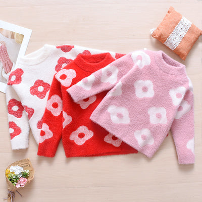 Kids' new winter korean style mink fur long sleeve girls' sweater - round neck pullover mink velvet floral knit cardigan