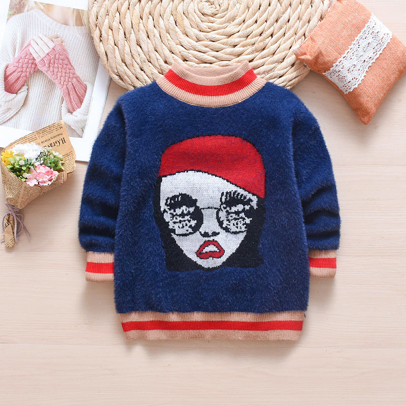 kids' winter new korean style long-sleeve girls' sweater - round neck pullover mink cashmere cartoon knitwear