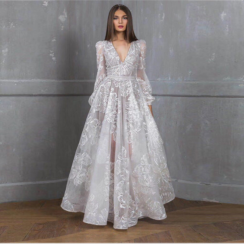 cross-border european and american style sequin dress - new  lace embroidery wedding dress, evening gown, and banquet dress
